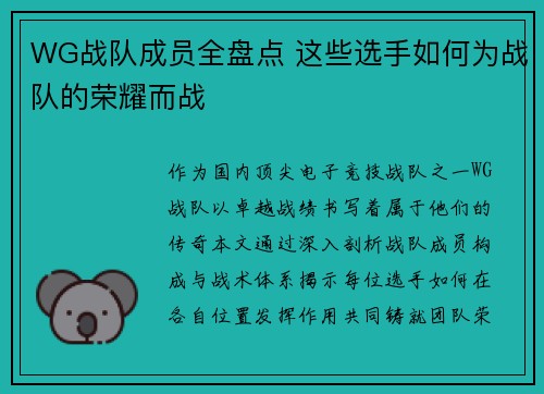 WG战队成员全盘点 这些选手如何为战队的荣耀而战