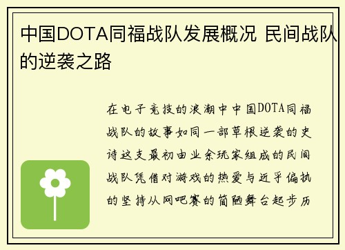 中国DOTA同福战队发展概况 民间战队的逆袭之路