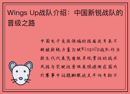 Wings Up战队介绍：中国新锐战队的晋级之路
