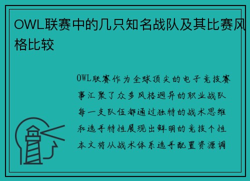 OWL联赛中的几只知名战队及其比赛风格比较